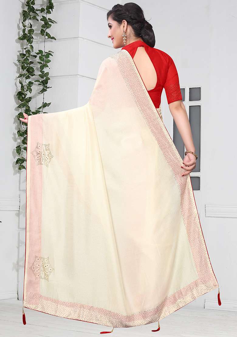 Cream Embroidery Silk Blend Saree Set for Diwali and Festive Wear - Indya