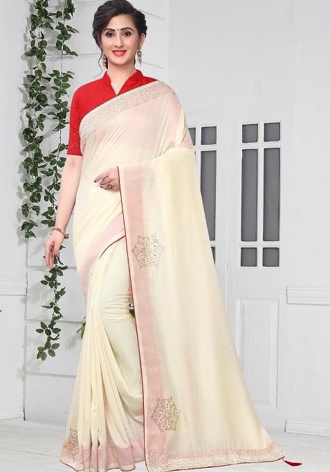 Cream Embroidery Silk Saree Set