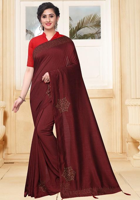 Marron Embroidery Silk Saree Set