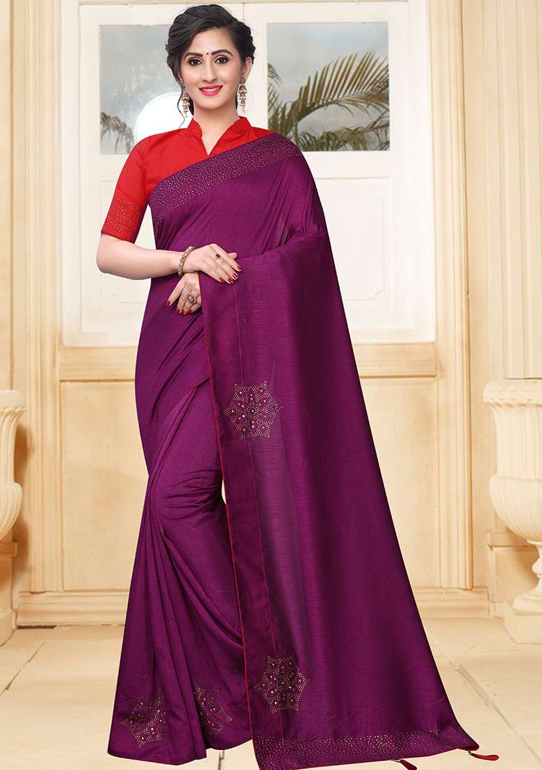 Wine Embroidery Silk Blend Saree Set for Diwali and Festive Wear - Indya