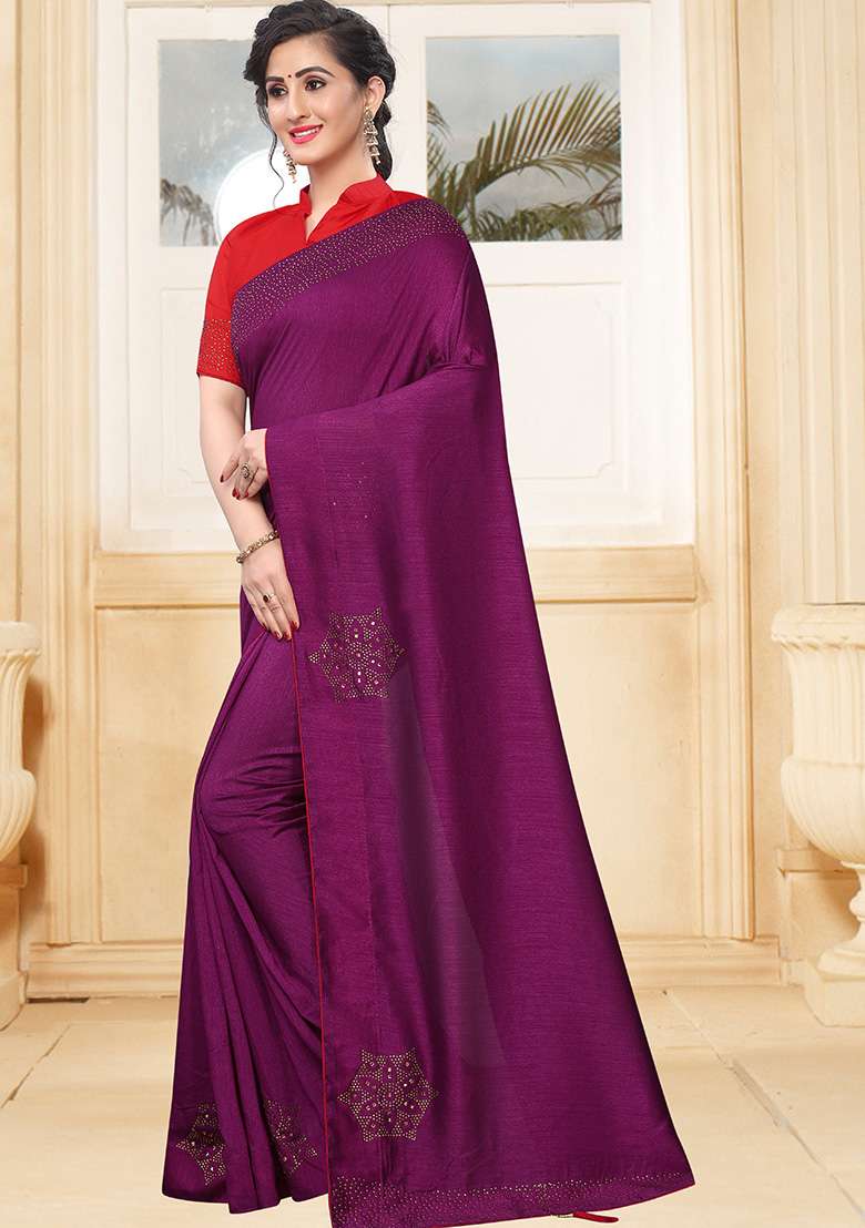 Wine Embroidery Silk Blend Saree Set for Diwali and Festive Wear - Indya