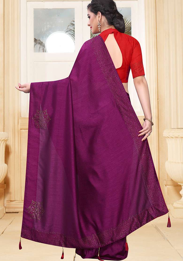 Wine Embroidery Silk Blend Saree Set for Diwali and Festive Wear - Indya