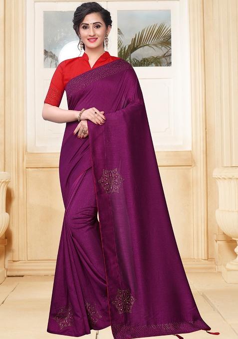 Wine Embroidery Silk Saree Set