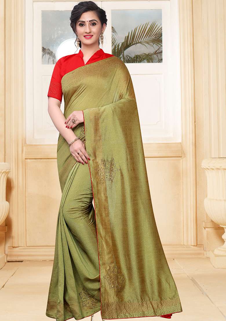 Pista Silk Blend Saree Set with Embroidery for Diwali | Wedding & Festive Wear - Indya