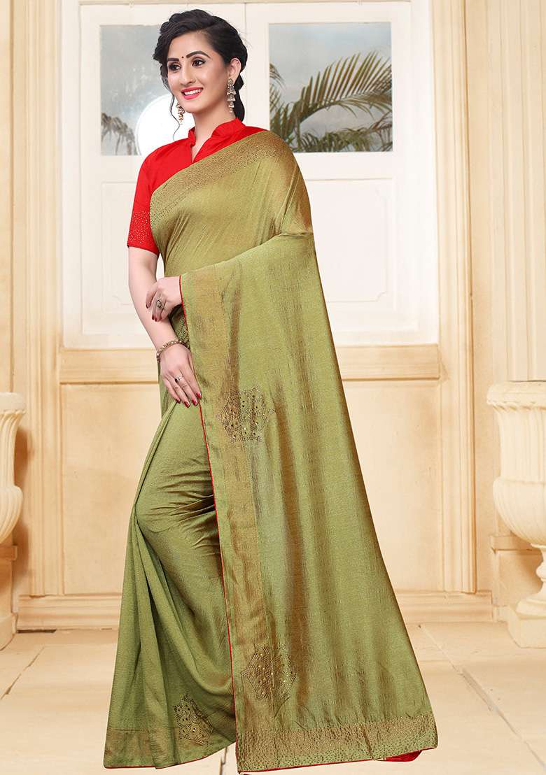 Pista Silk Blend Saree Set with Embroidery for Diwali | Wedding & Festive Wear - Indya