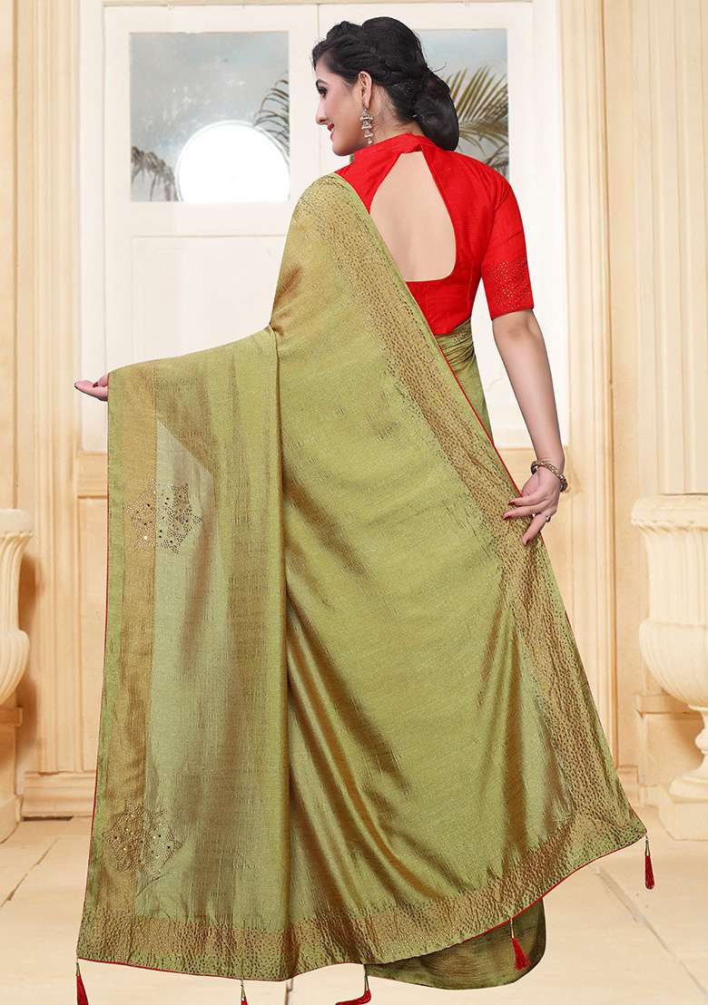 Pista Silk Blend Saree Set with Embroidery for Diwali | Wedding & Festive Wear - Indya