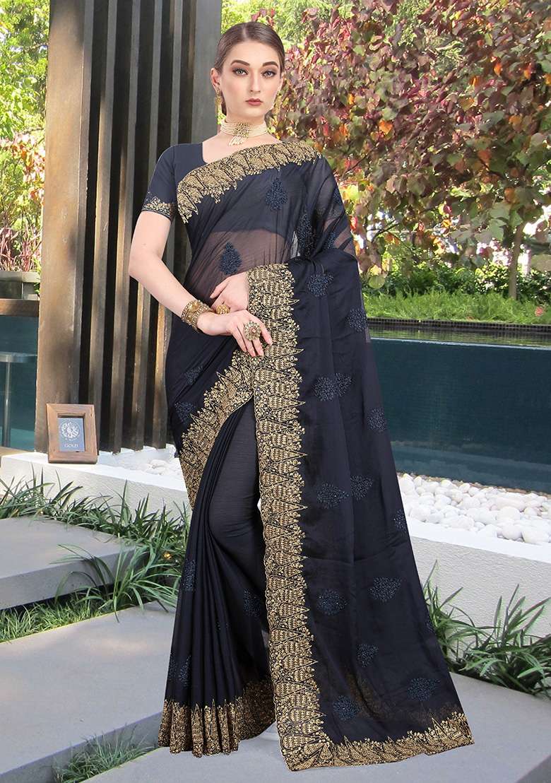 Dark Grey Embroidery Silk Blend Saree Set for Diwali and Festive Wear - Indya