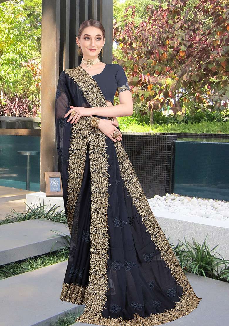 Dark Grey Embroidery Silk Blend Saree Set for Diwali and Festive Wear - Indya
