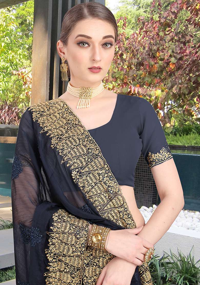 Dark Grey Embroidery Silk Blend Saree Set for Diwali and Festive Wear - Indya