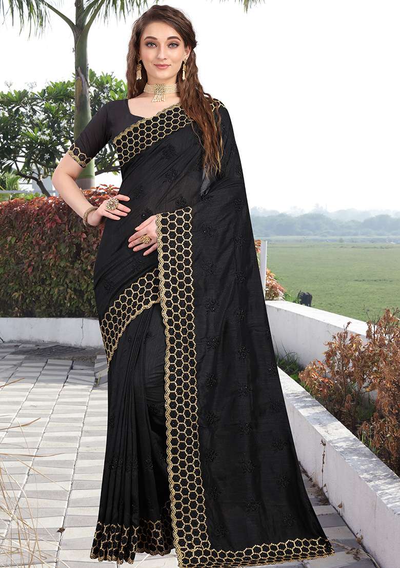 Black Silk Blend Saree Set with Embroidery for Diwali | Wedding & Festive Wear - Indya