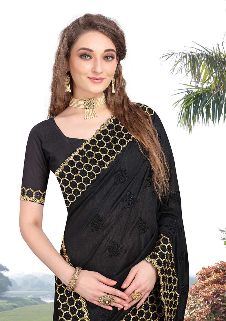 Black Silk Blend Saree Set with Embroidery for Diwali | Wedding & Festive Wear - Indya