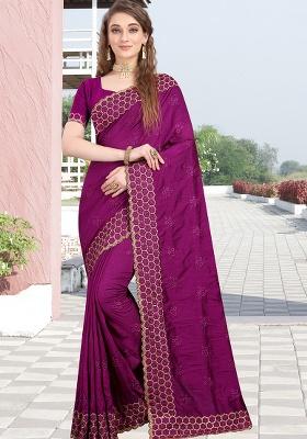 Wine Embroidery Silk Saree Set
