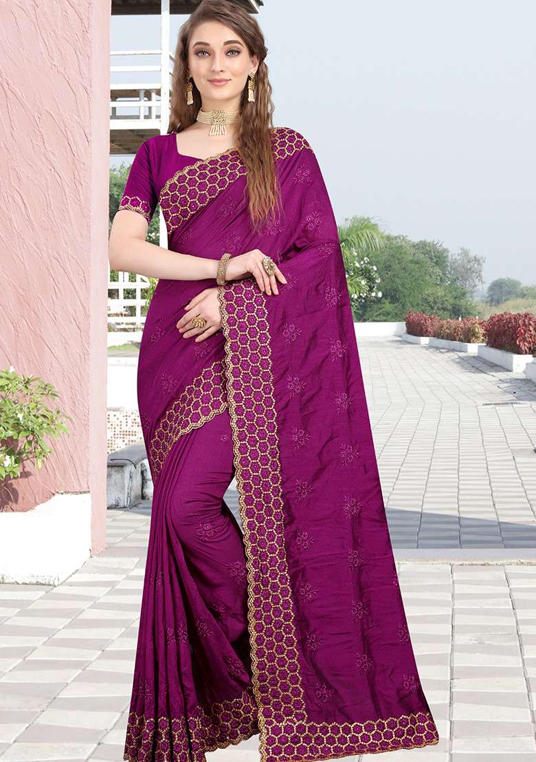 Wine Embroidery Silk Blend Saree Set for Diwali and Festive Wear - Indya