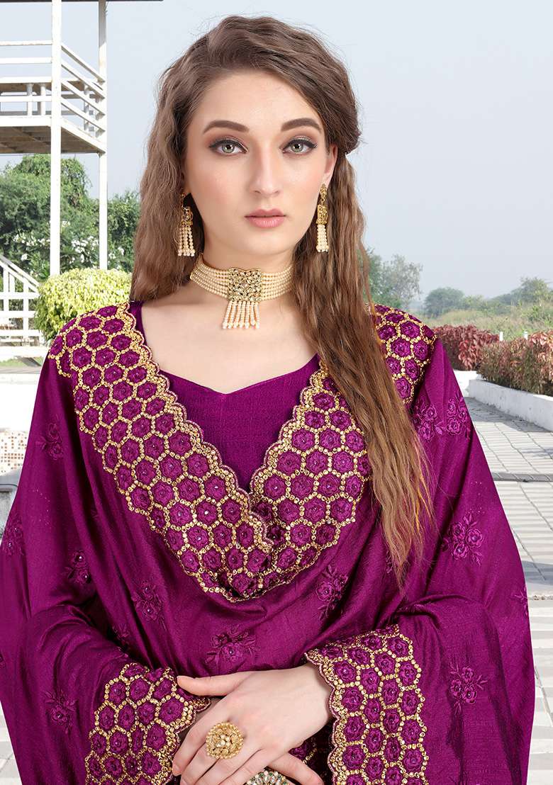 Wine Embroidery Silk Blend Saree Set for Diwali and Festive Wear - Indya