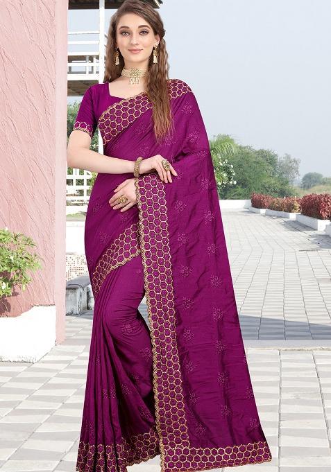 Wine Embroidery Silk Saree Set
