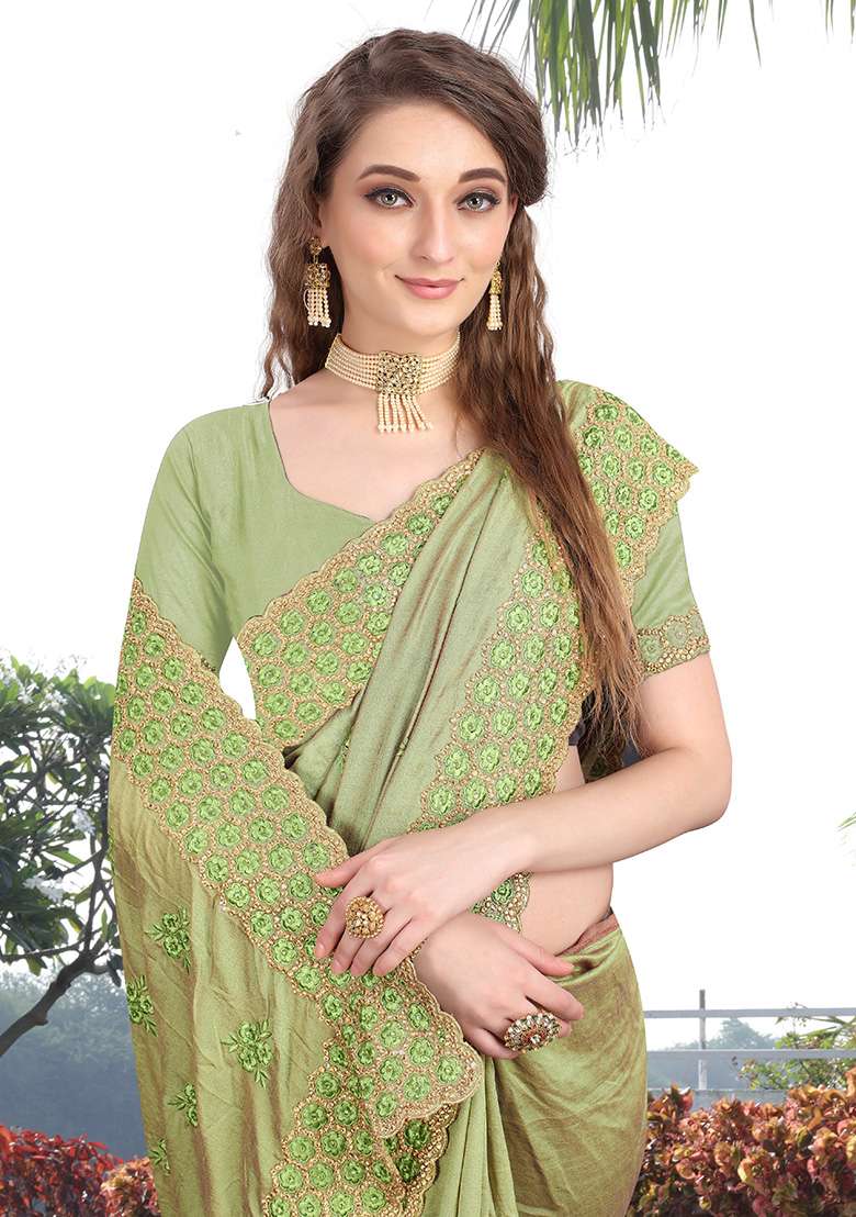 Pista Embroidery Silk Blend Saree Set for Diwali and Festive Wear - Indya