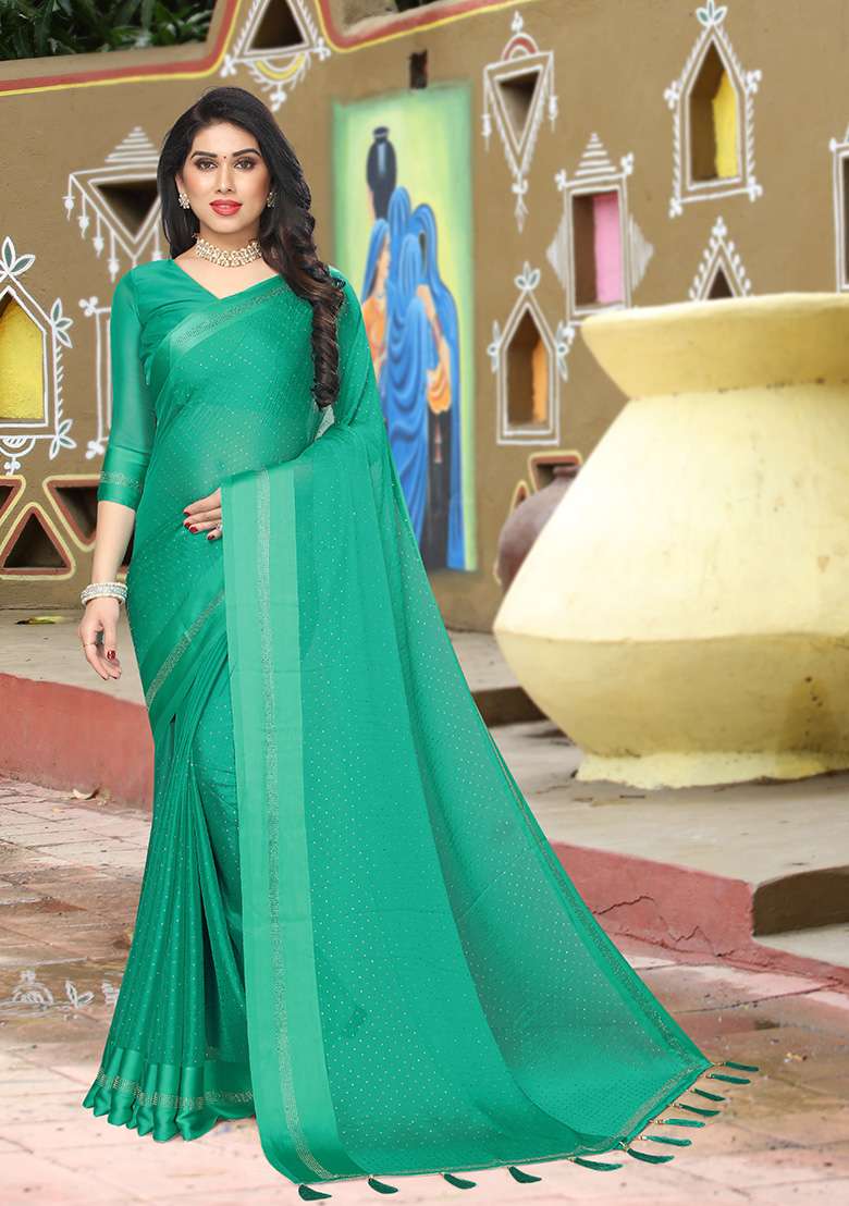 Rama Embroidery Satin Saree Set - Indya