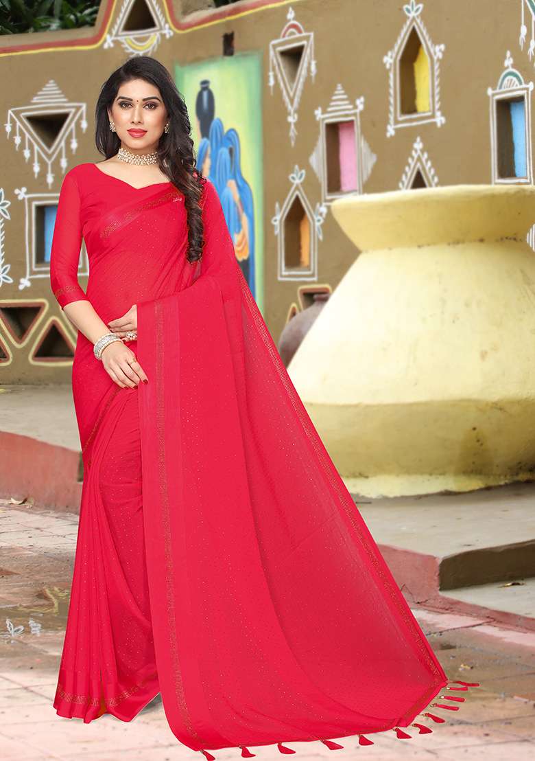 Tomato Embroidery Satin Saree Set for Diwali and Festive Wear - Indya