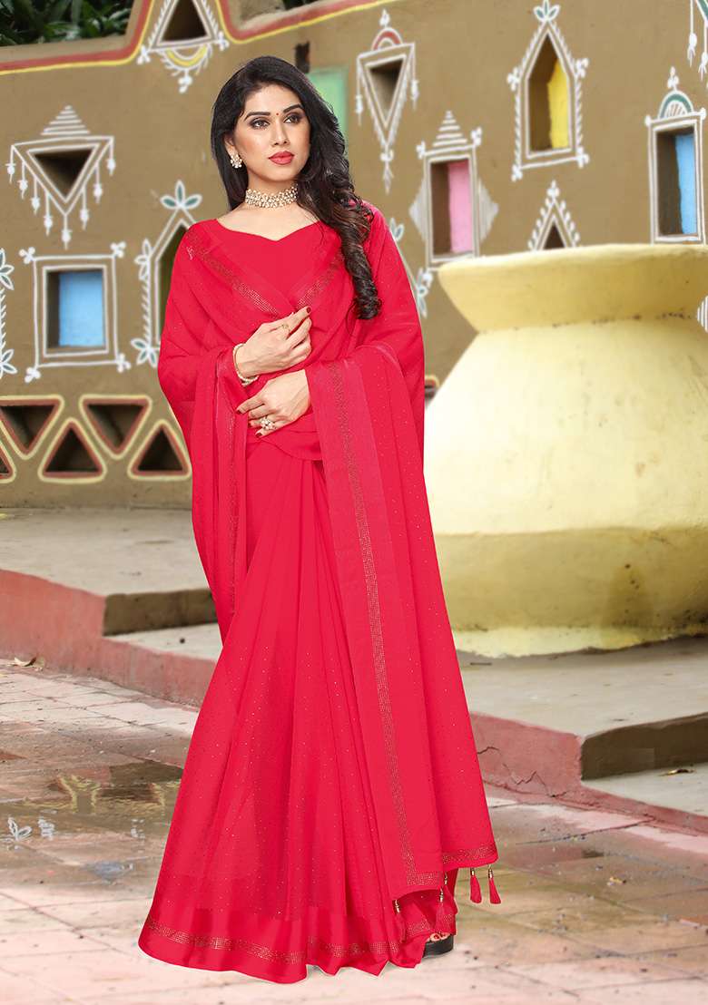 Tomato Embroidery Satin Saree Set for Diwali and Festive Wear - Indya