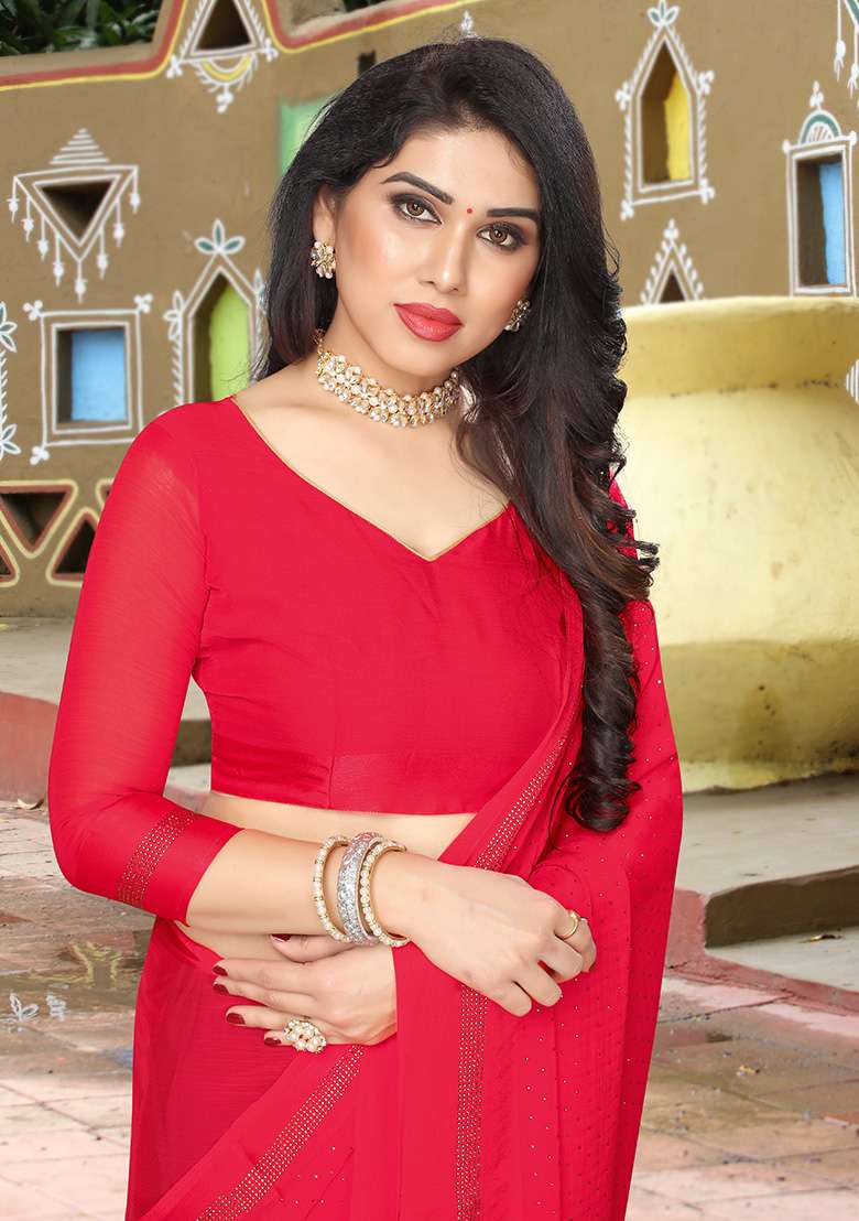 Tomato Embroidery Satin Saree Set for Diwali and Festive Wear - Indya