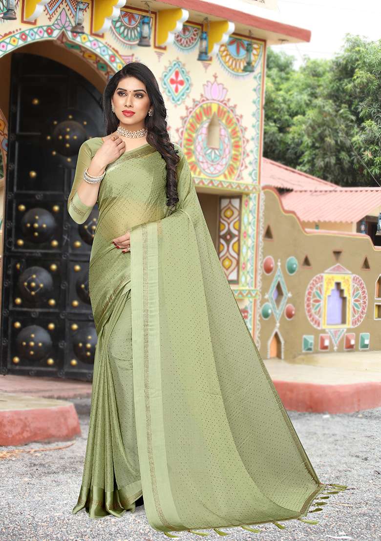 Pista Satin Saree Set with Embroidery for Diwali | Wedding & Festive Wear - Indya