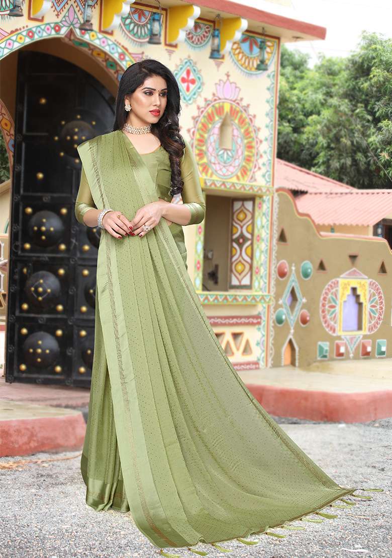 Pista Satin Saree Set with Embroidery for Diwali | Wedding & Festive Wear - Indya