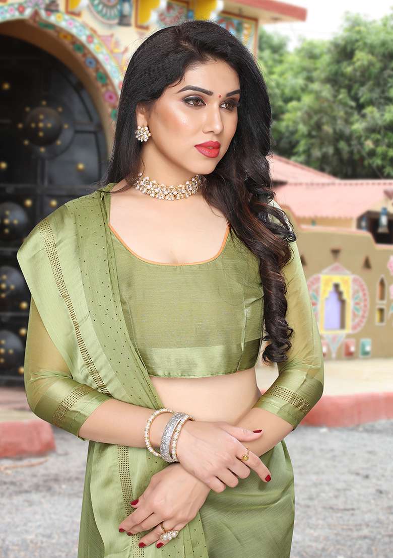 Pista Satin Saree Set with Embroidery for Diwali | Wedding & Festive Wear - Indya