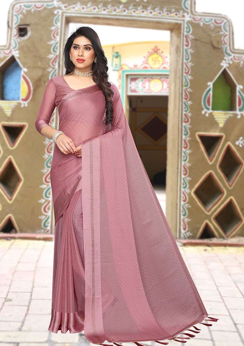 Dusty Pink Satin Saree Set with Embroidery for Diwali | Wedding & Festive Wear - Indya