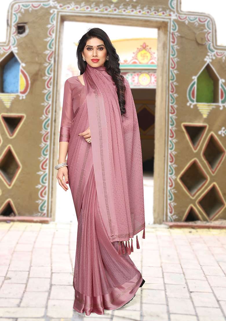 Dusty Pink Satin Saree Set with Embroidery for Diwali | Wedding & Festive Wear - Indya