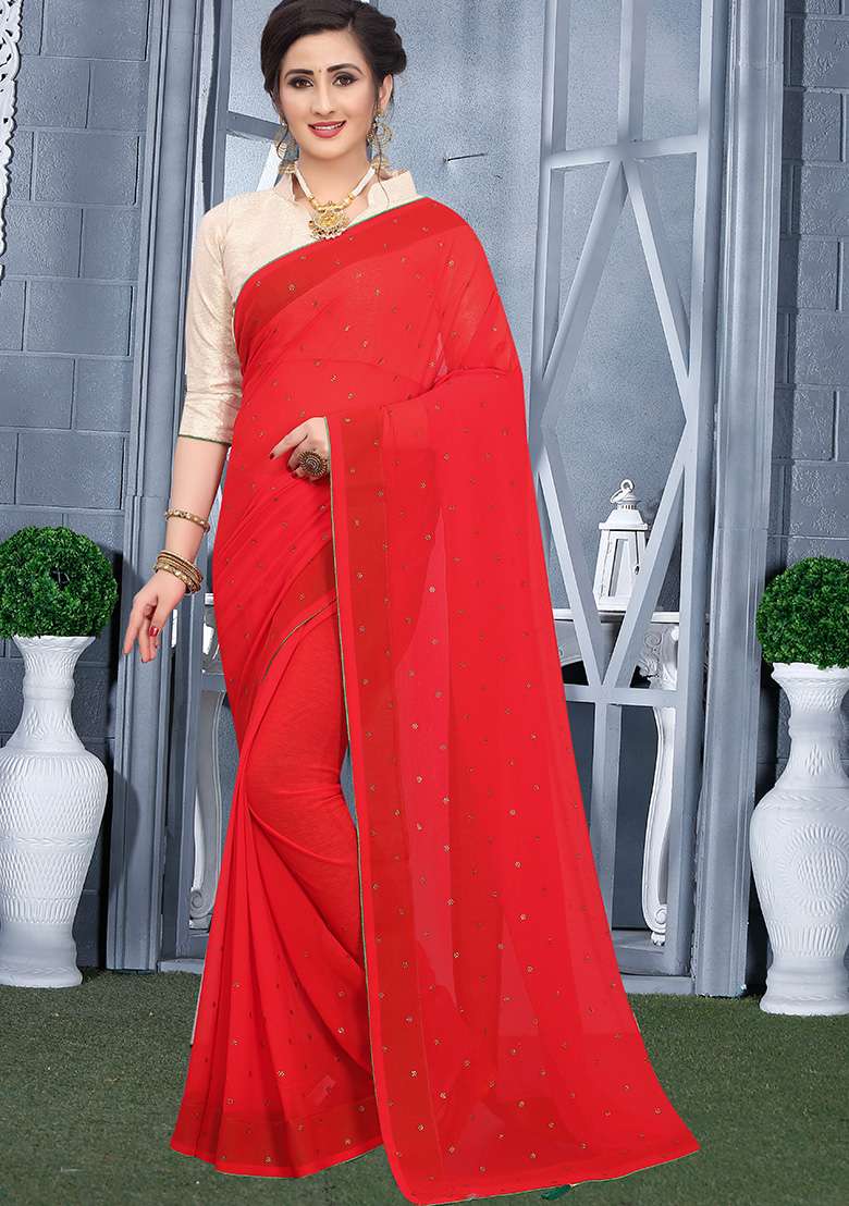 Red Georgette Saree Set with Embroidery for Diwali | Wedding & Festive Wear - Indya