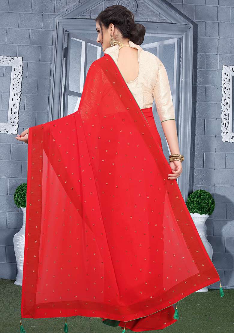 Red Georgette Saree Set with Embroidery for Diwali | Wedding & Festive Wear - Indya