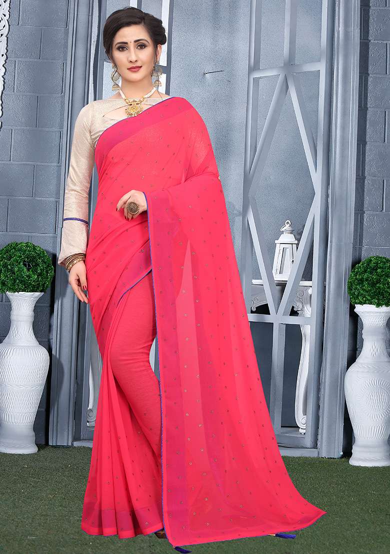 Tomato Embroidery Georgette Saree Set for Diwali and Festive Wear - Indya
