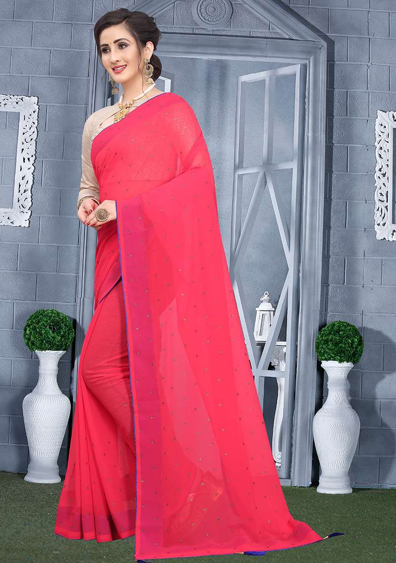 Tomato Embroidery Georgette Saree Set for Diwali and Festive Wear - Indya
