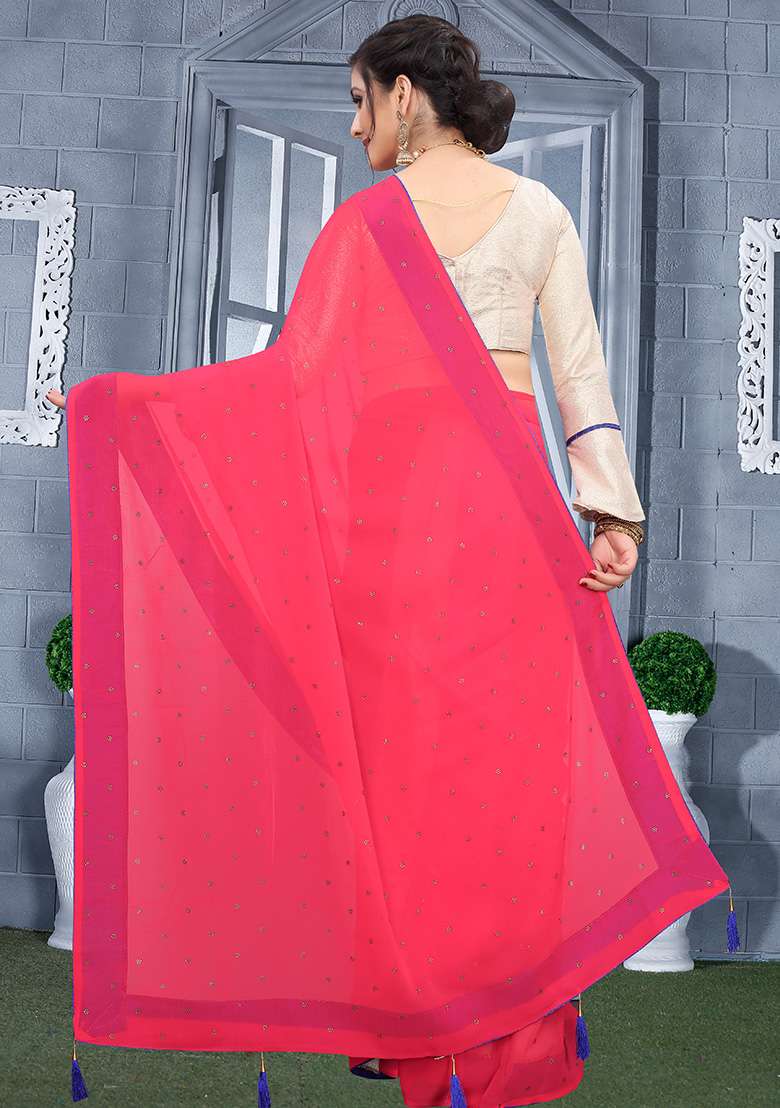Tomato Embroidery Georgette Saree Set for Diwali and Festive Wear - Indya