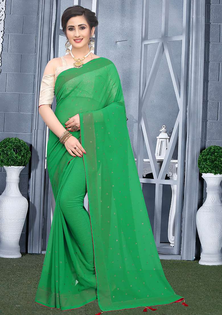 Perrot Green Embroidery Georgette Saree Set for Diwali and Festive Wear - Indya