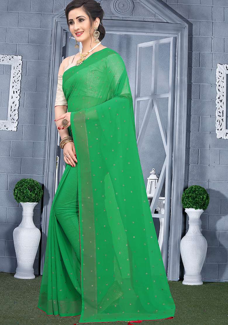 Perrot Green Embroidery Georgette Saree Set for Diwali and Festive Wear - Indya