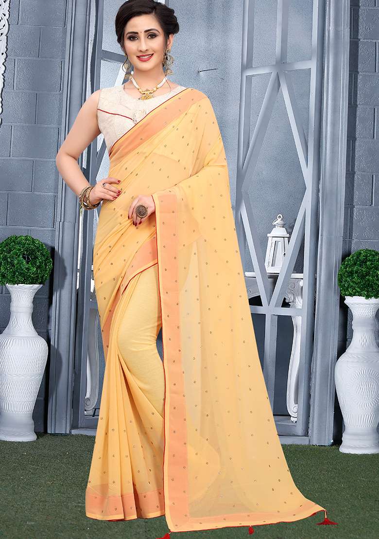 Chiku Embroidery Georgette Saree Set for Diwali and Festive Wear - Indya