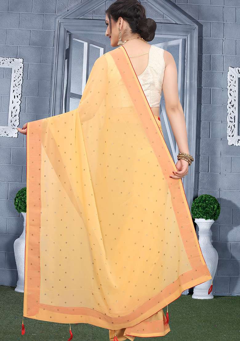 Chiku Embroidery Georgette Saree Set for Diwali and Festive Wear - Indya