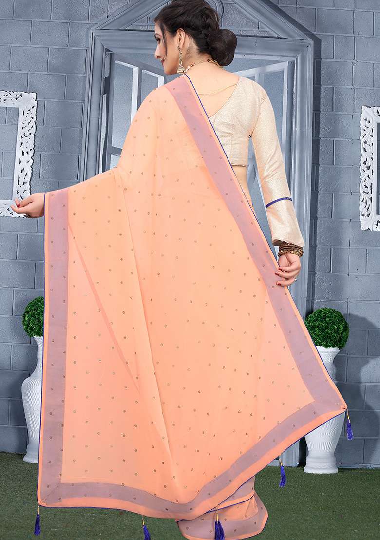 Peach Embroidery Georgette Saree Set for Diwali and Festive Wear - Indya