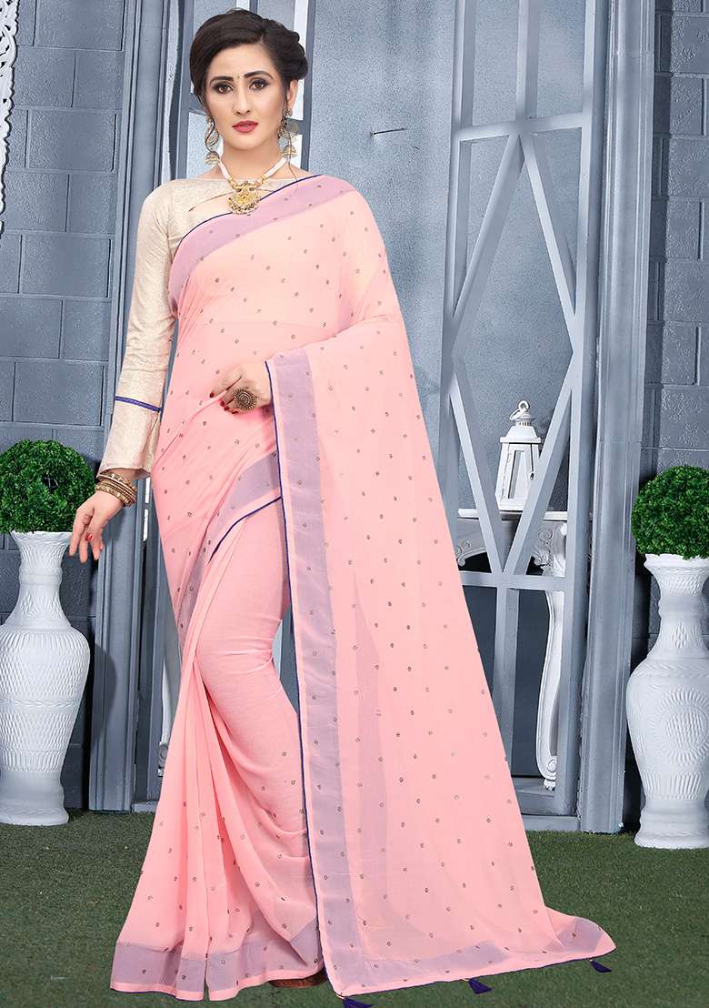 Pink Georgette Saree Set with Embroidery for Diwali | Wedding & Festive Wear - Indya