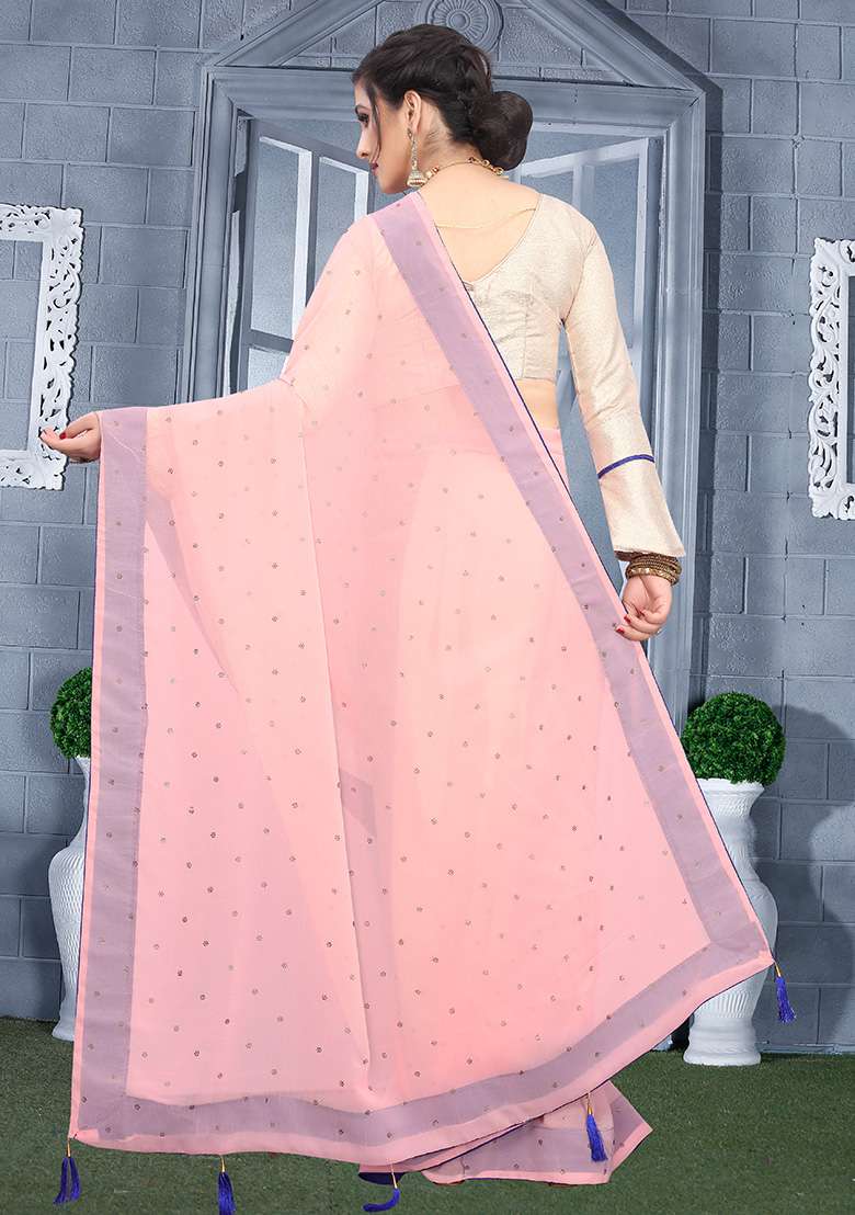 Pink Georgette Saree Set with Embroidery for Diwali | Wedding & Festive Wear - Indya