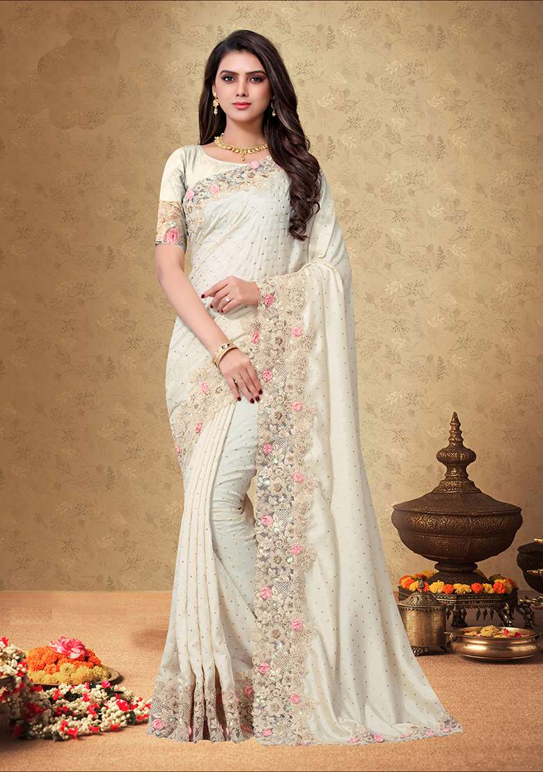 Cream Embroidery Silk Blend Saree Set for Diwali and Festive Wear - Indya