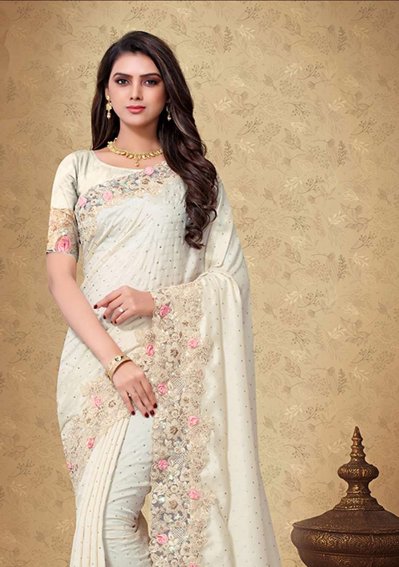 Cream Embroidery Silk Blend Saree Set for Diwali and Festive Wear - Indya