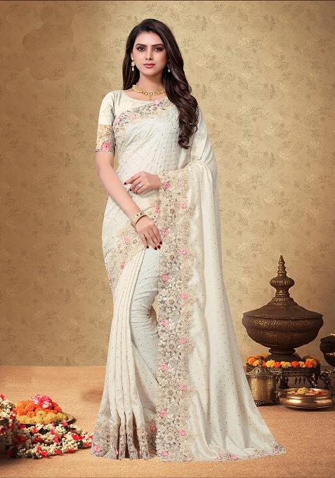 Cream Embroidery Silk Saree Set