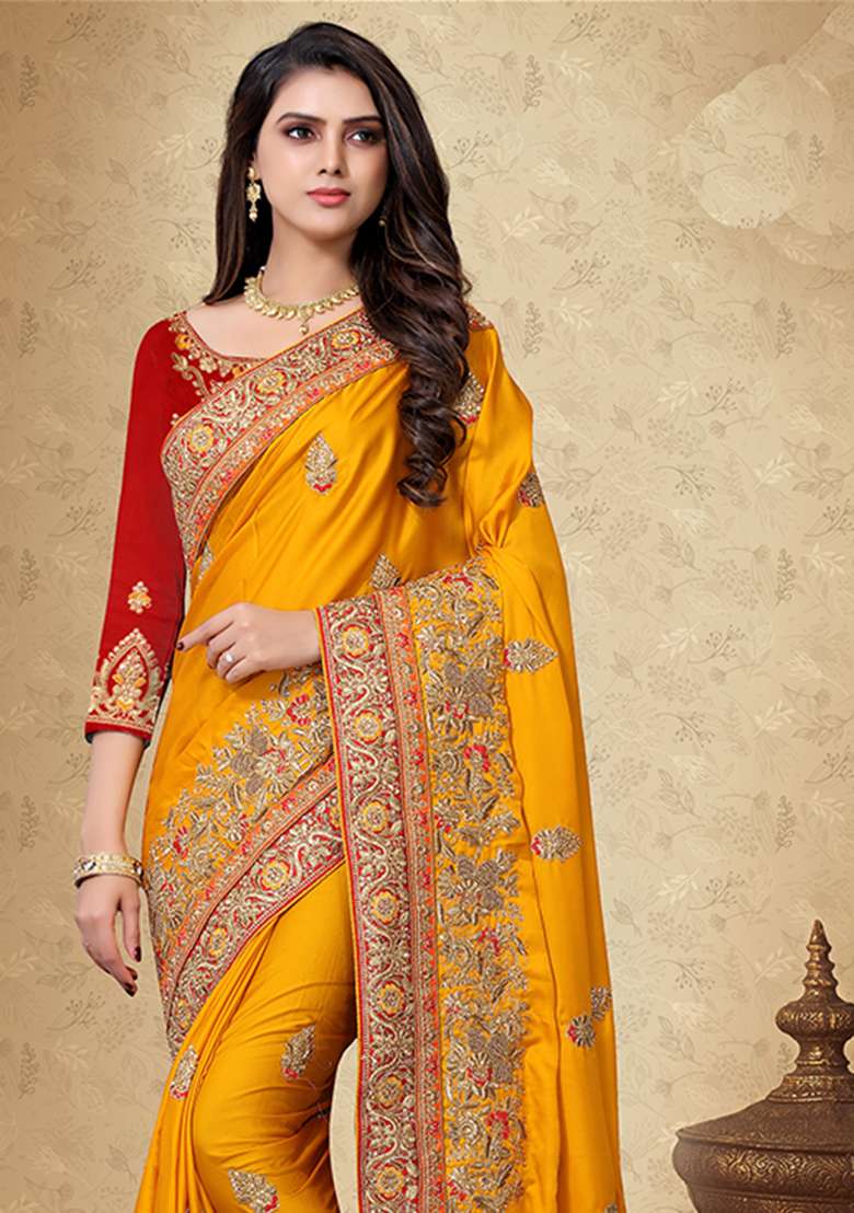 Mustrad Embroidery Silk Saree Set - Indya