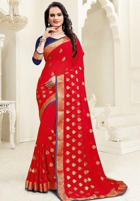 Red Embroidery Georgette Saree Set