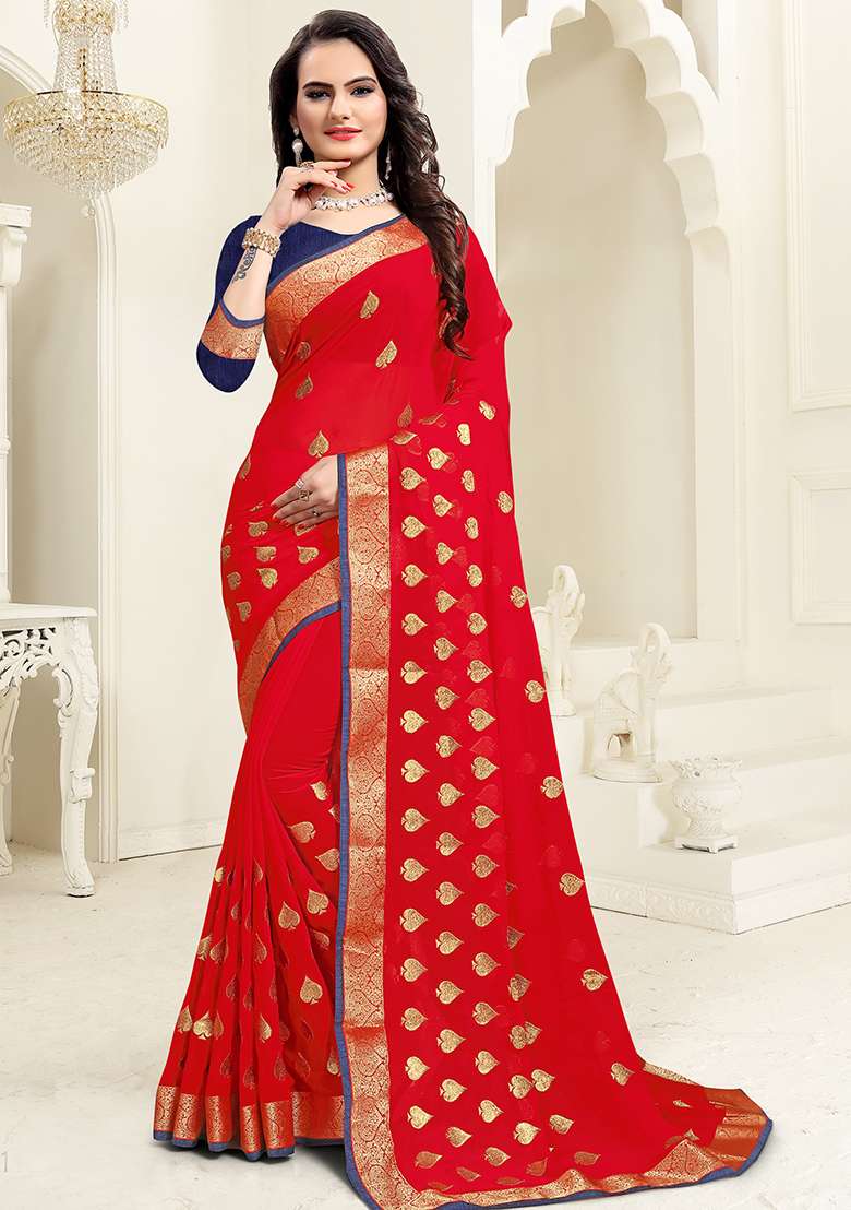 Red Georgette Saree Set with Embroidery for Diwali | Wedding & Festive Wear - Indya