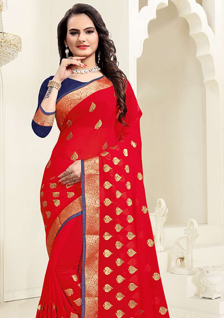 Red Georgette Saree Set with Embroidery for Diwali | Wedding & Festive Wear - Indya