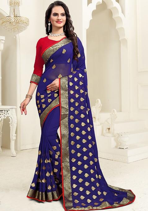 Navy Embroidery Georgette Saree Set