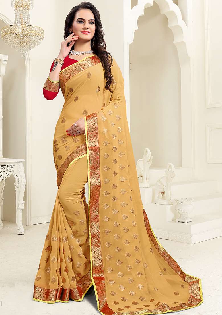 Chiku Georgette Saree Set with Embroidery for Diwali | Wedding & Festive Wear - Indya